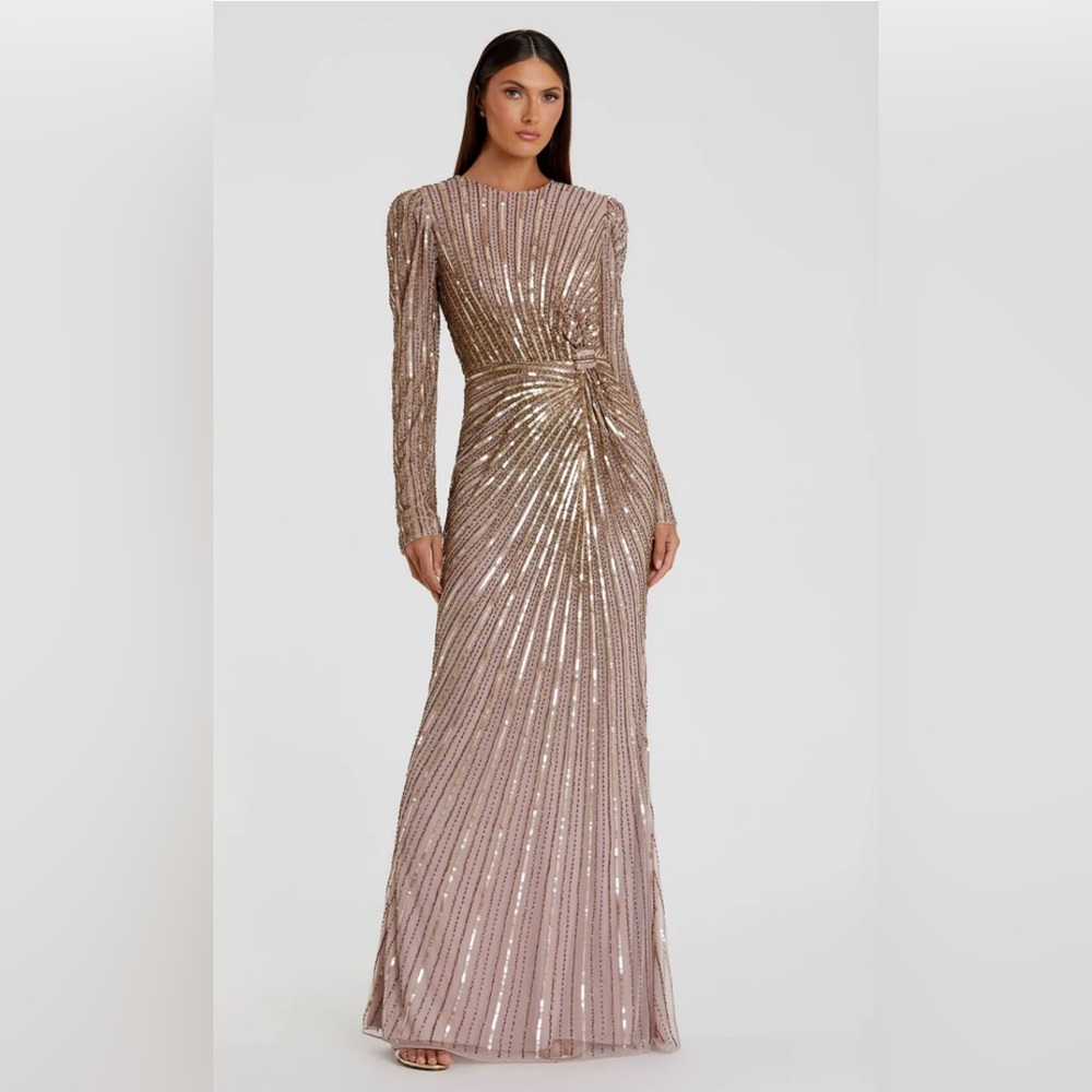Mac Duggal Rose Gold Sequined Long Sleeve Gown